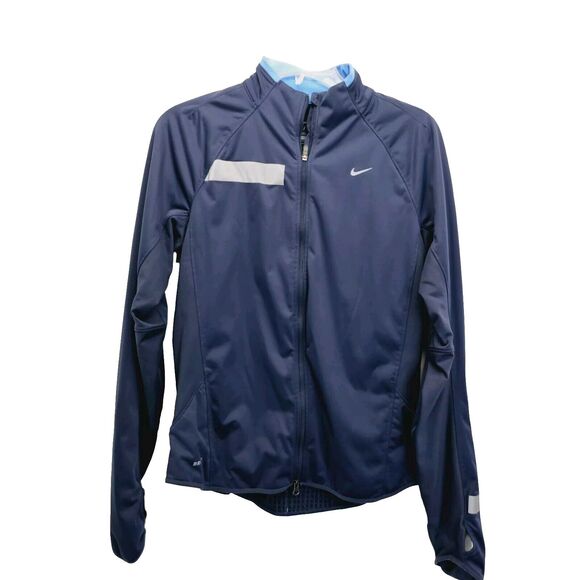 Nike‎ Jacket Women's Medium Blue Dri Fit Reflector Strips Full Zip Thumb Hole - Picture 1 of 9